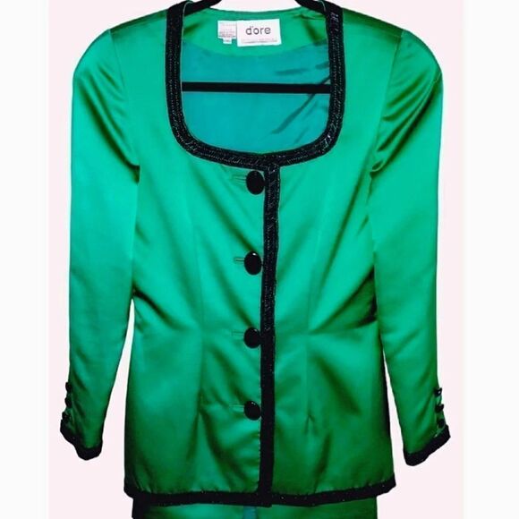 VTG 90s Della Roufogali Green Satin Black Embellished Designer Blazer Size 6 - Picture 1 of 11